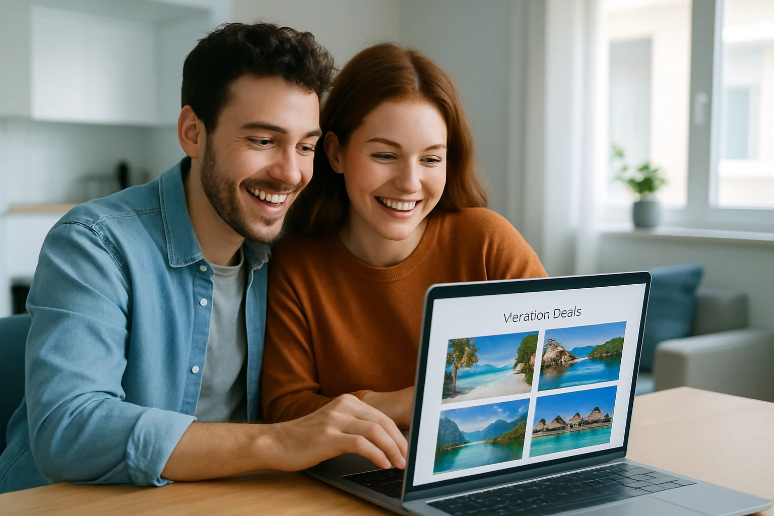 Couple comparant des offres de séjour sur ordinateur portable