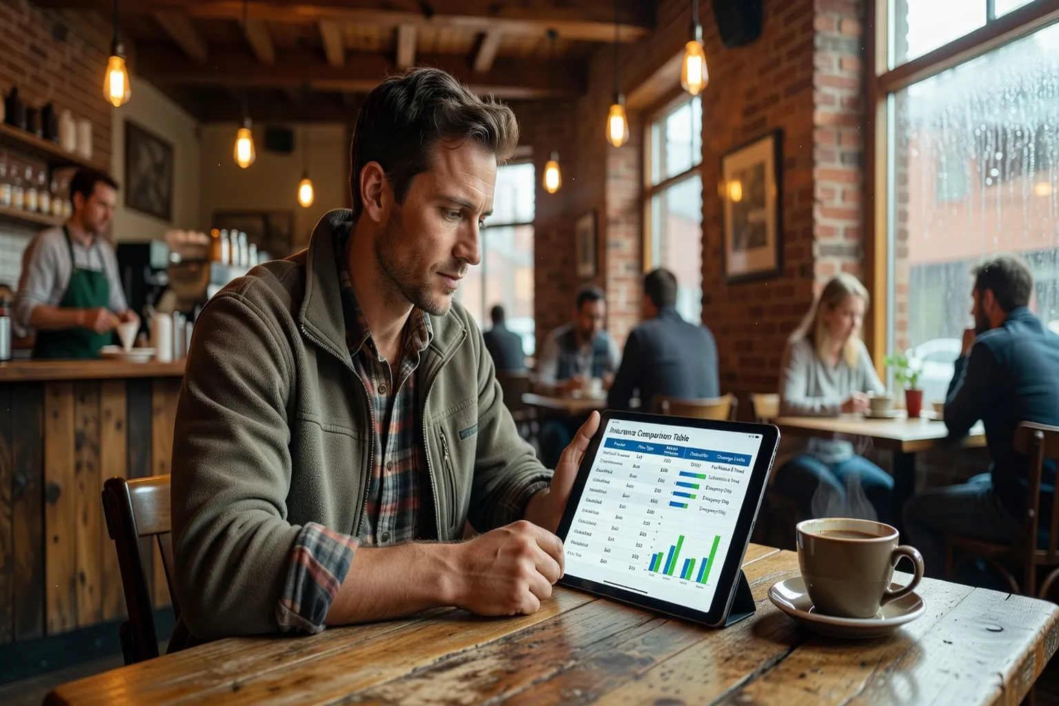 Voyageur comparant les offres dassurance sur tablette