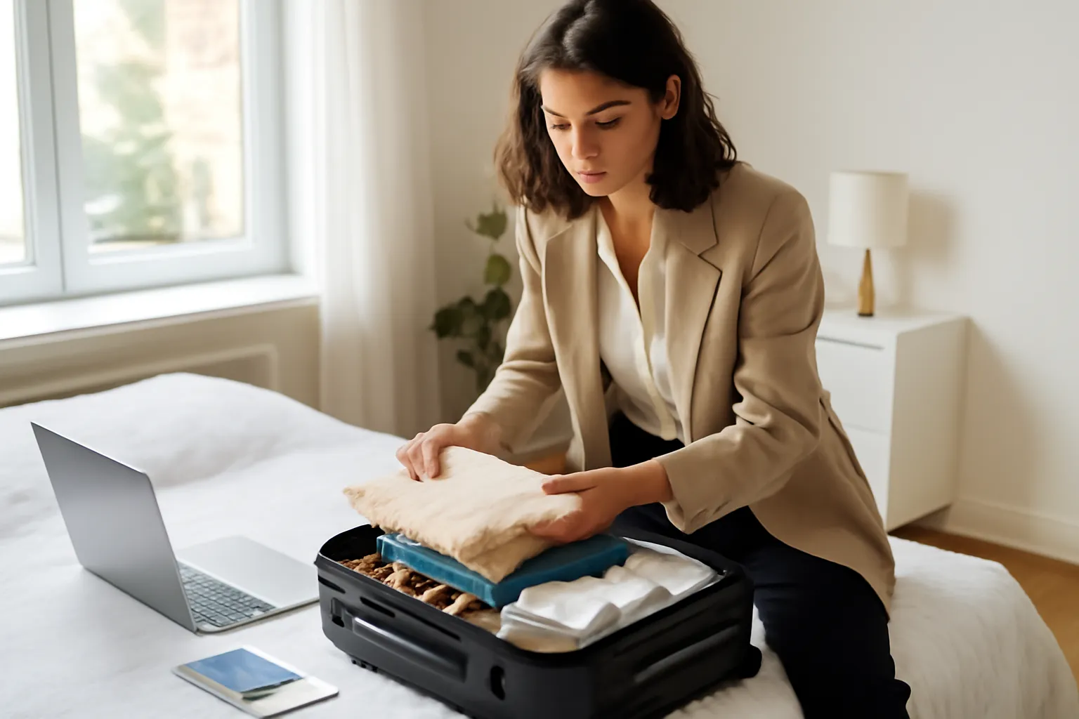 Jeune femme préparant sa valise pour un long séjour d'études à l'étranger