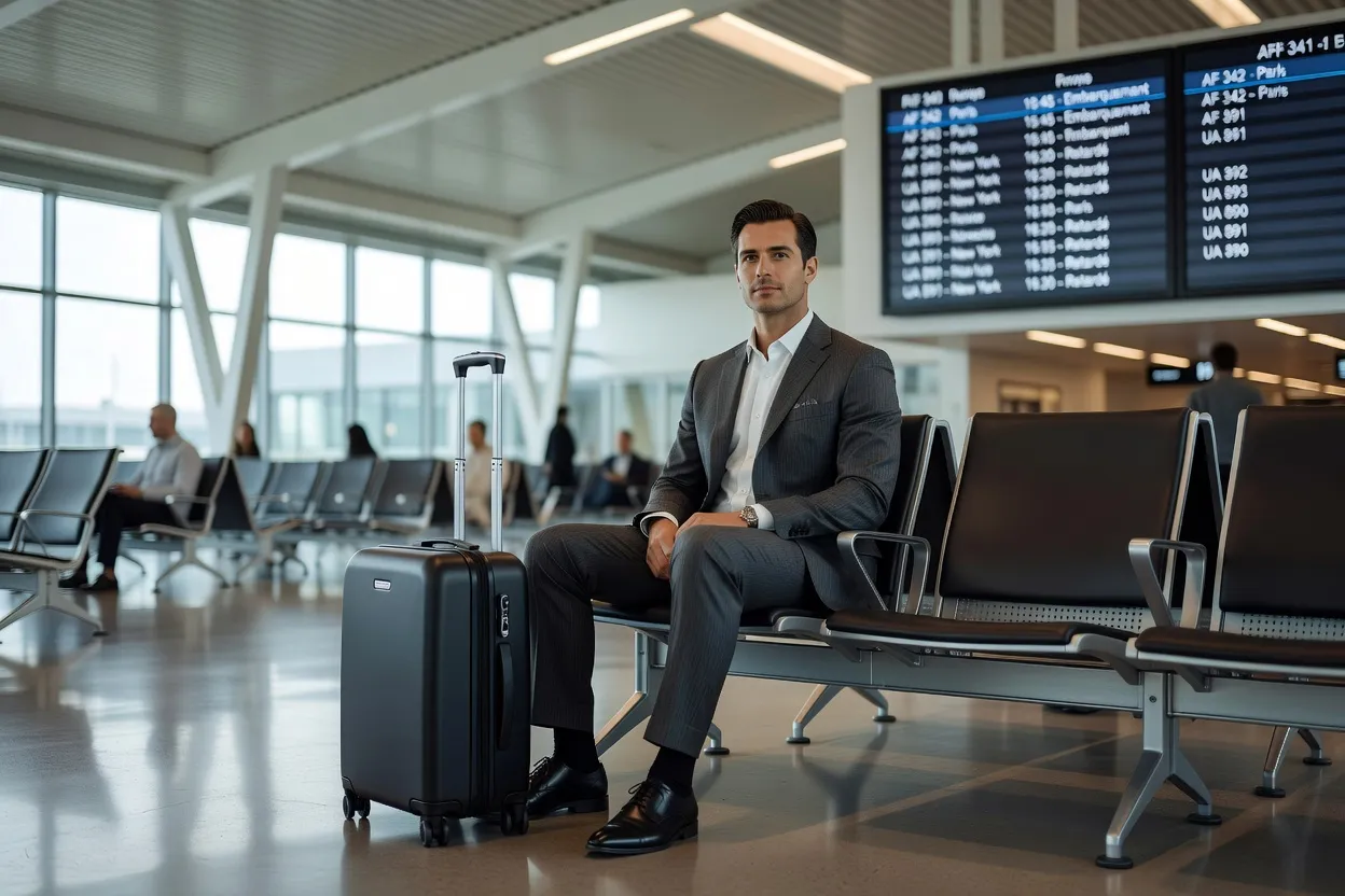 Passager patientant assis dans une salle d'embarquement avec une valise à roulettes
