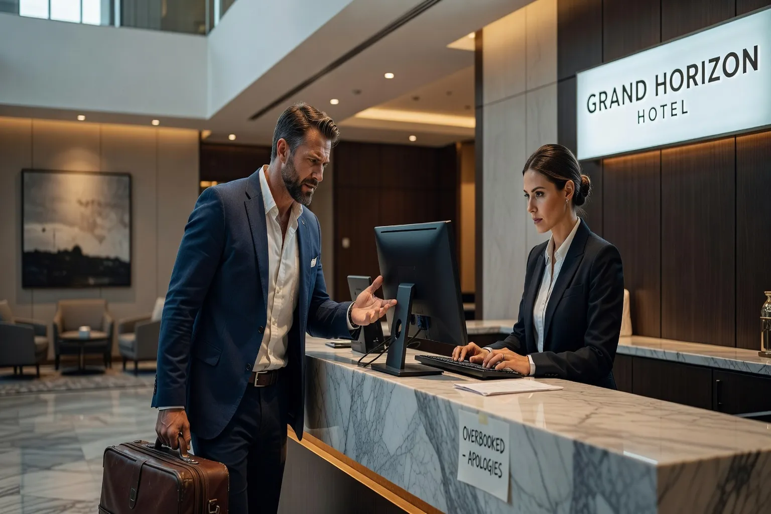 Voyageur a la reception pour un probleme de reservation