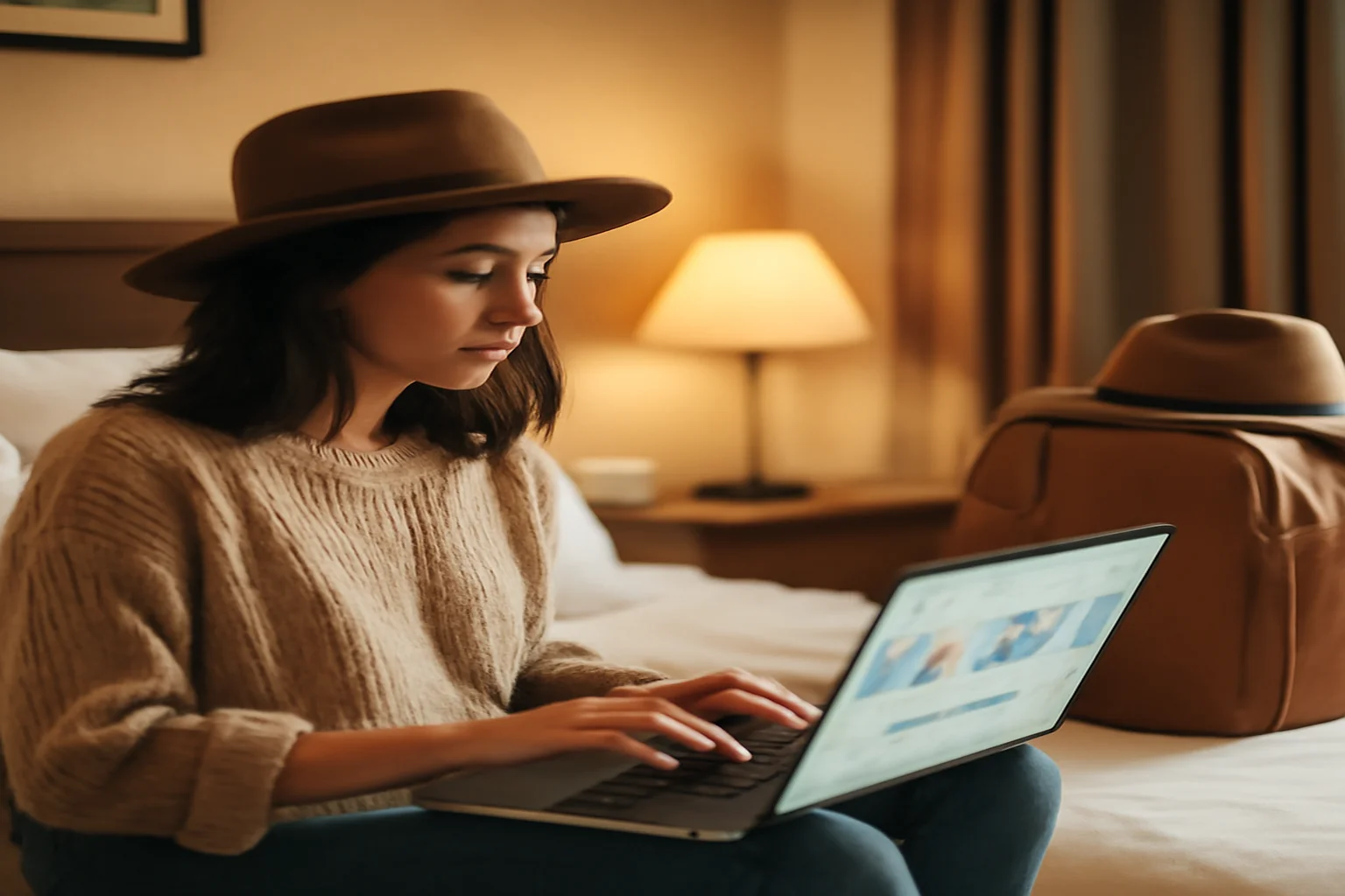 Touriste choisissant un hôtel économique sur son ordinateur portable