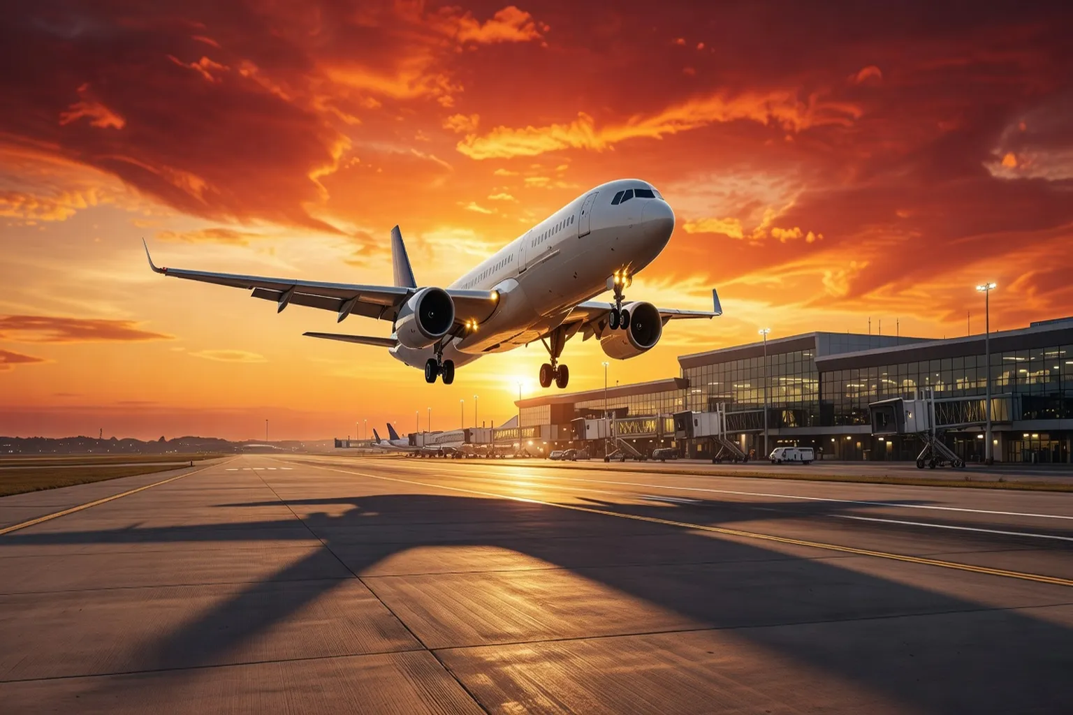 Avion a latterrissage au coucher du soleil