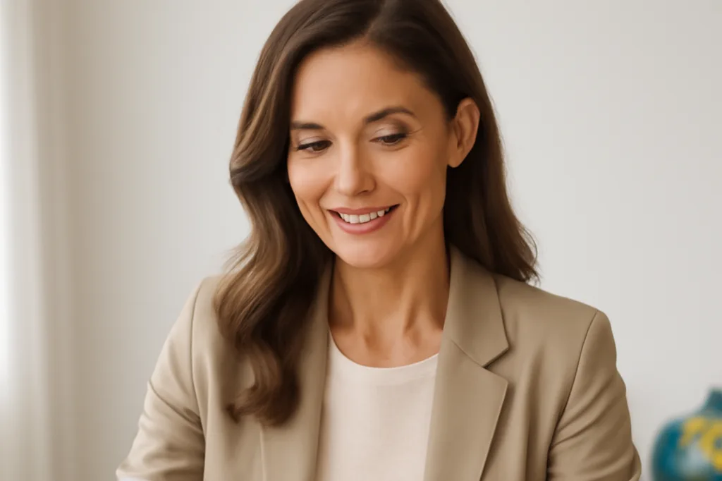 Femme élégante souriante examinant attentivement un document contractuel de voyage