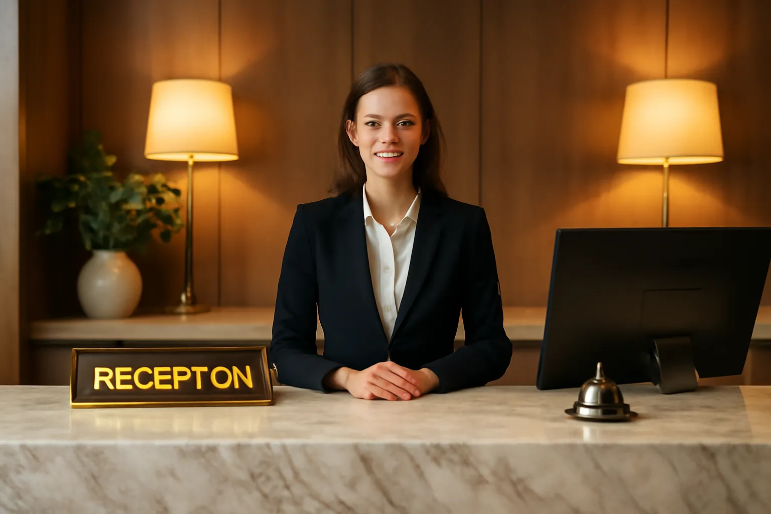 Réception d'hôtel moderne avec accueil chaleureux représentant un établissement de confiance