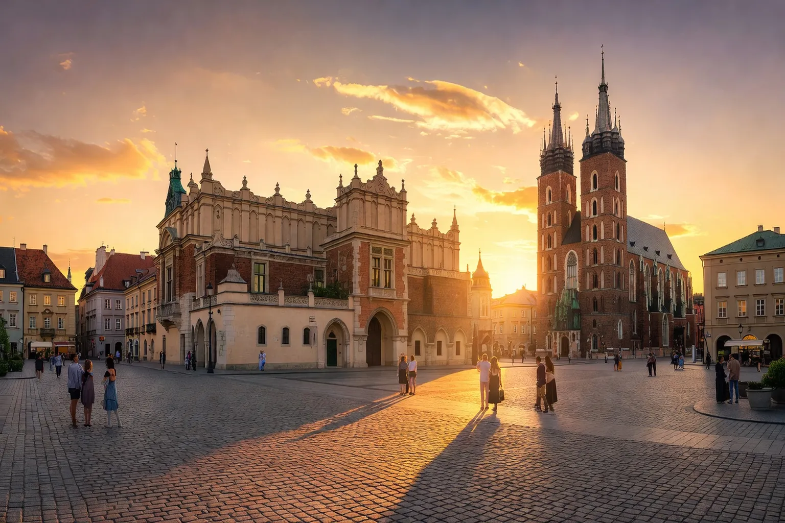 Cracovie au coucher du soleil sur la Grand-Place