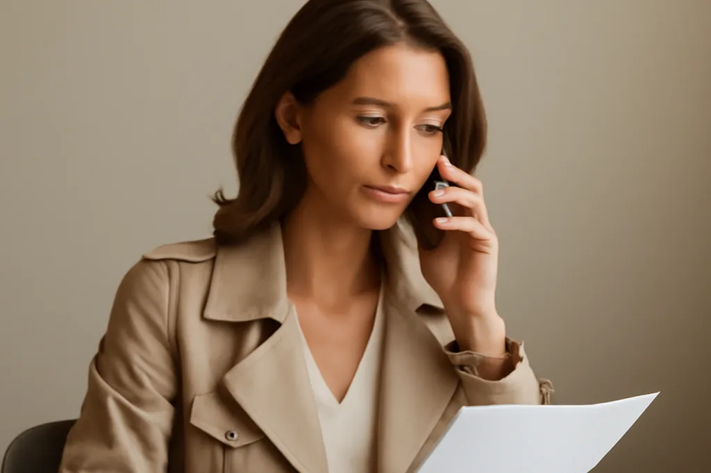Femme élégante au téléphone préparant un dossier de réclamation avec documents et ordinateur portable