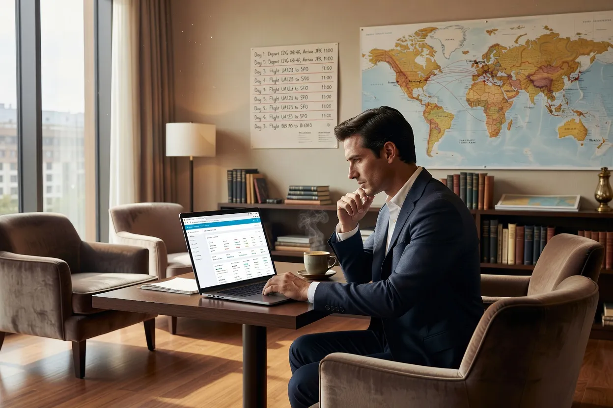 Voyageur consultant plusieurs onglets de comparateurs de vols sur un ordinateur portable