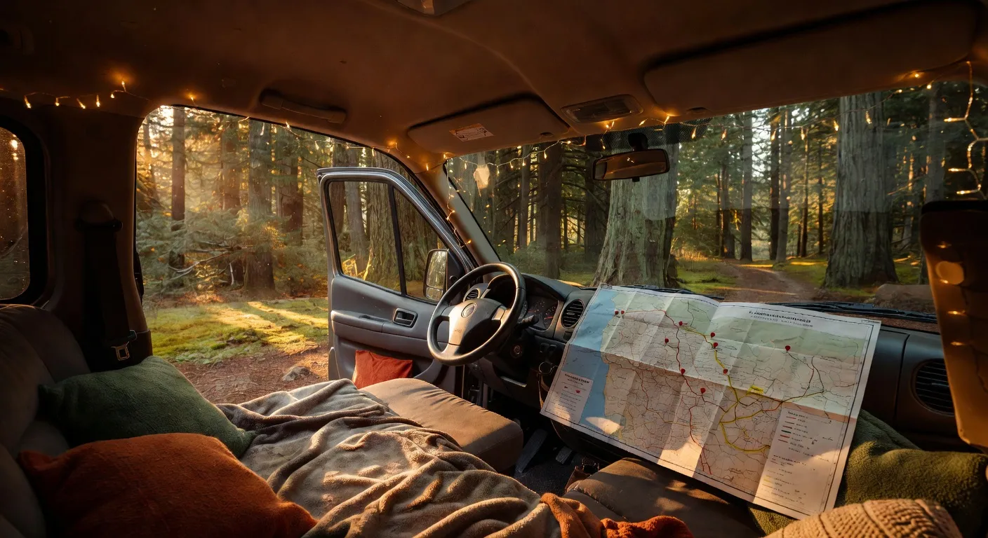 Intérieur chaleureux d'un van aménagé avec porte ouverte