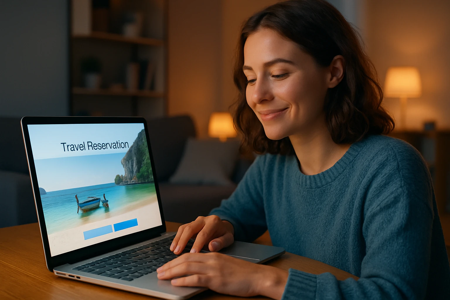 Voyageuse satisfaite ayant finalisé sa réservation sur un site de voyageur fiable
