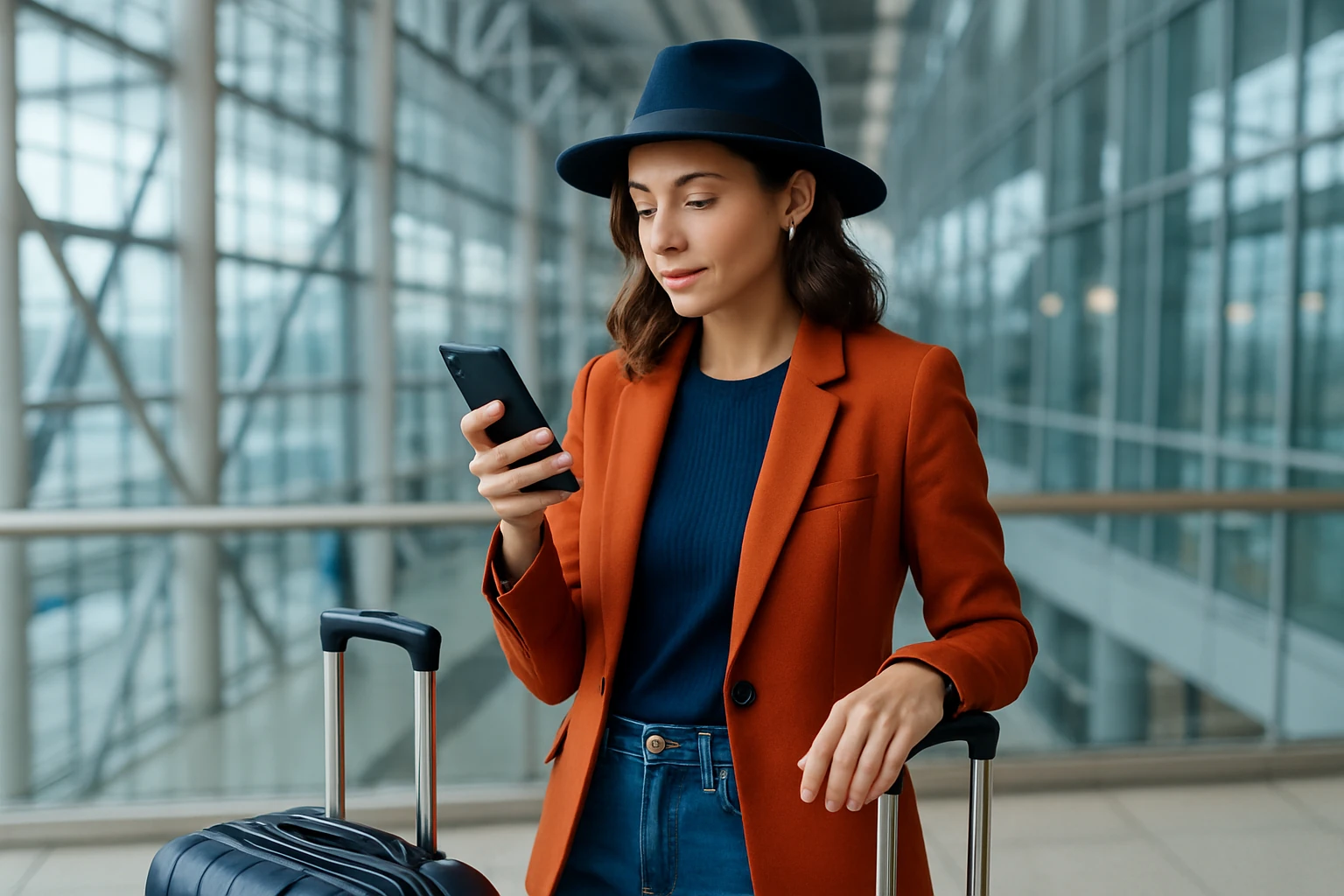 Voyageuse stylée vérifiant ses réservations sur smartphone à l'aéroport