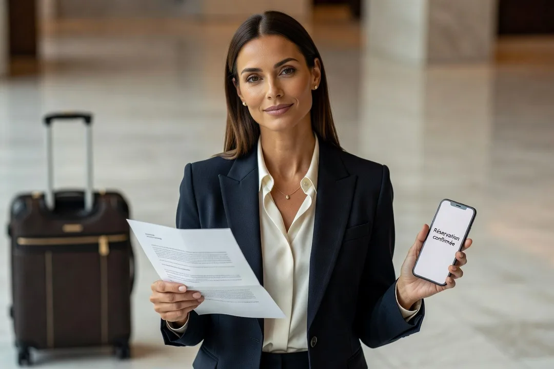 Femme d'affaires élégante tenant un contrat papier et un smartphone affichant une confirmation, valise en arrière-plan